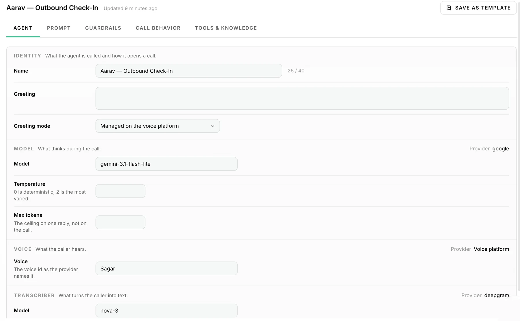 RevAIvo Voice agent settings showing the model, voice, and transcriber choices