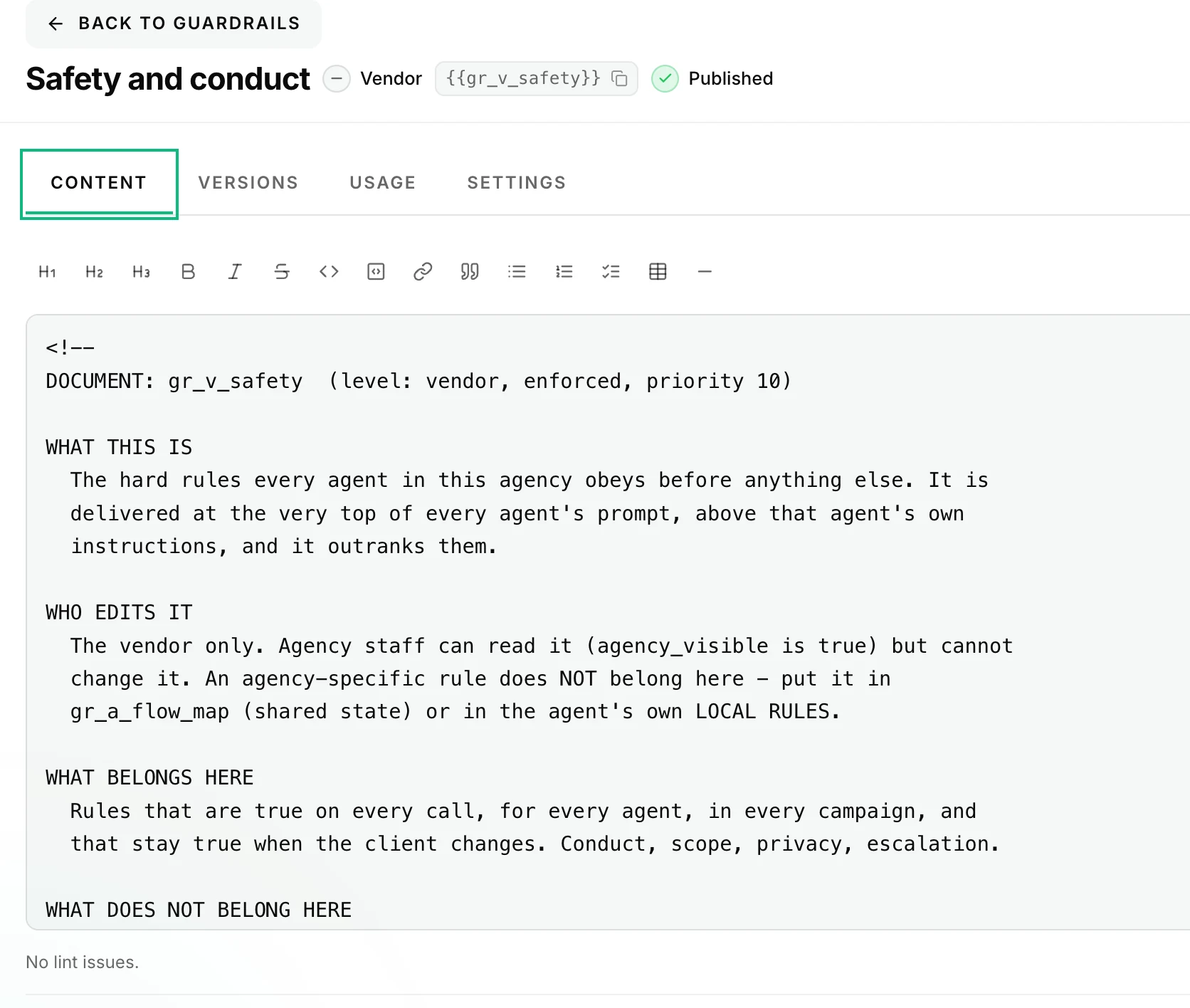 Guardrails editor showing the platform safety rules that apply to every agent