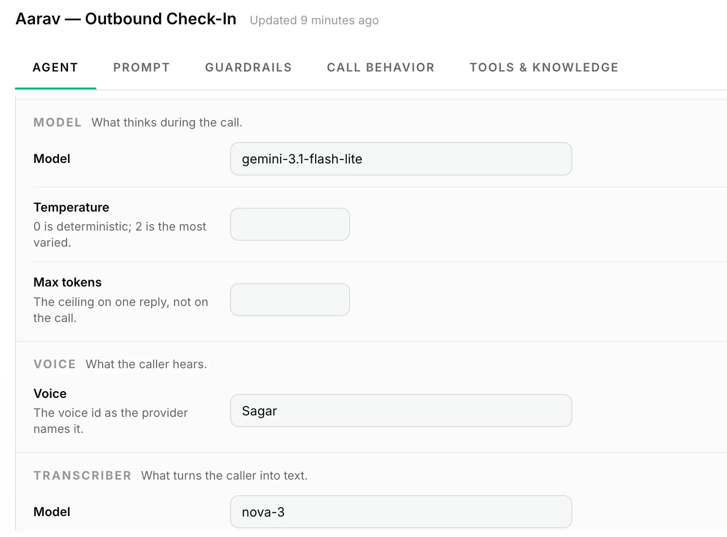 RevAIvo Voice agent settings: the tab bar with Agent, Prompt, Guardrails, Call behavior, and Tools and Knowledge, then the model, voice, and transcriber choices