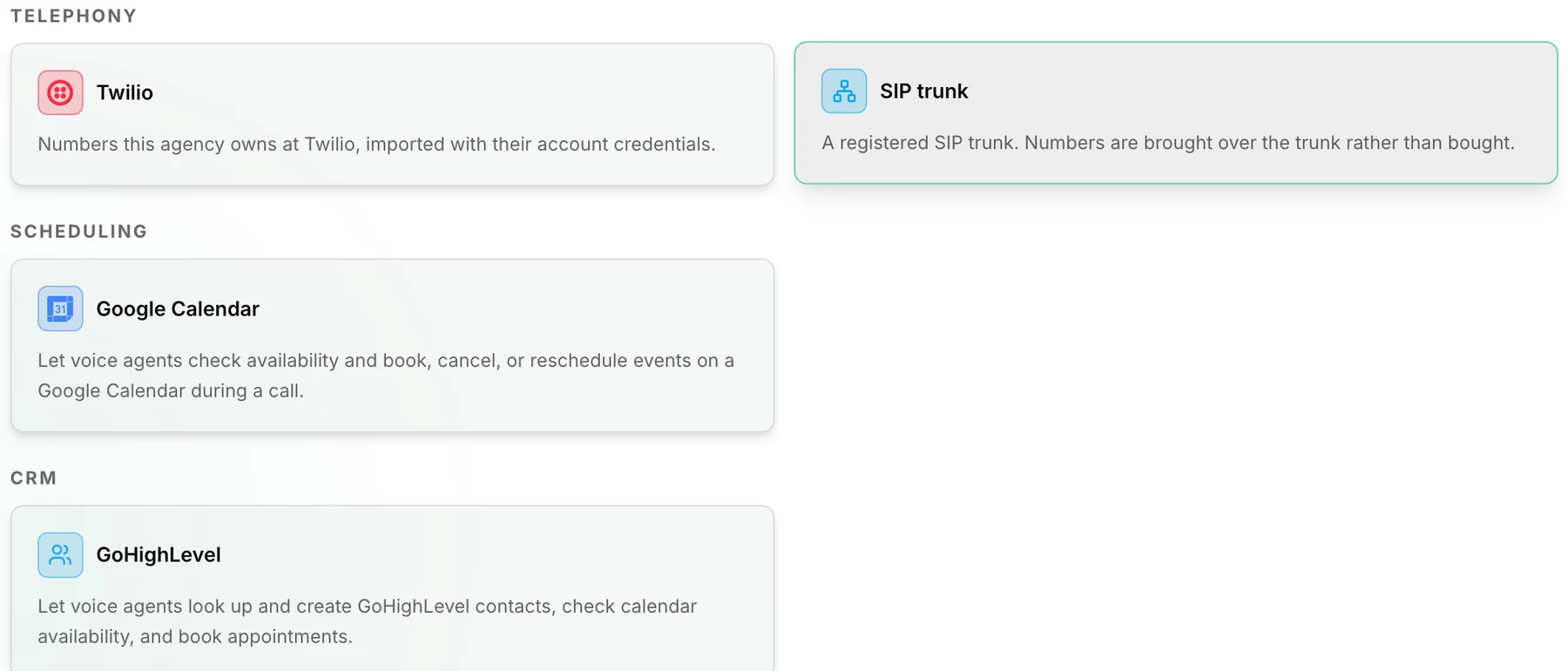 Integrations screen listing Twilio, SIP trunk, Google Calendar, and GoHighLevel